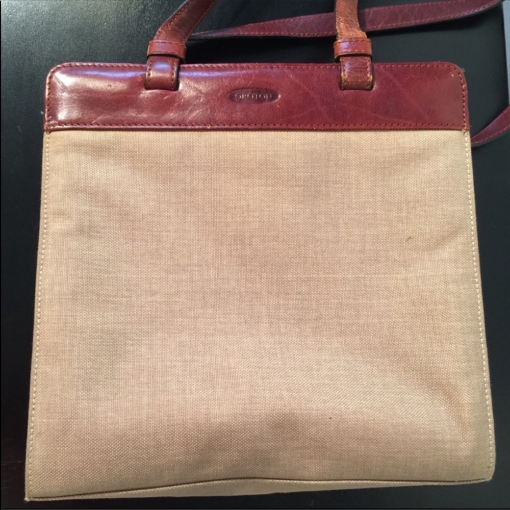 Oroton Mahogany Leather/ Nylon Canvas Shou…